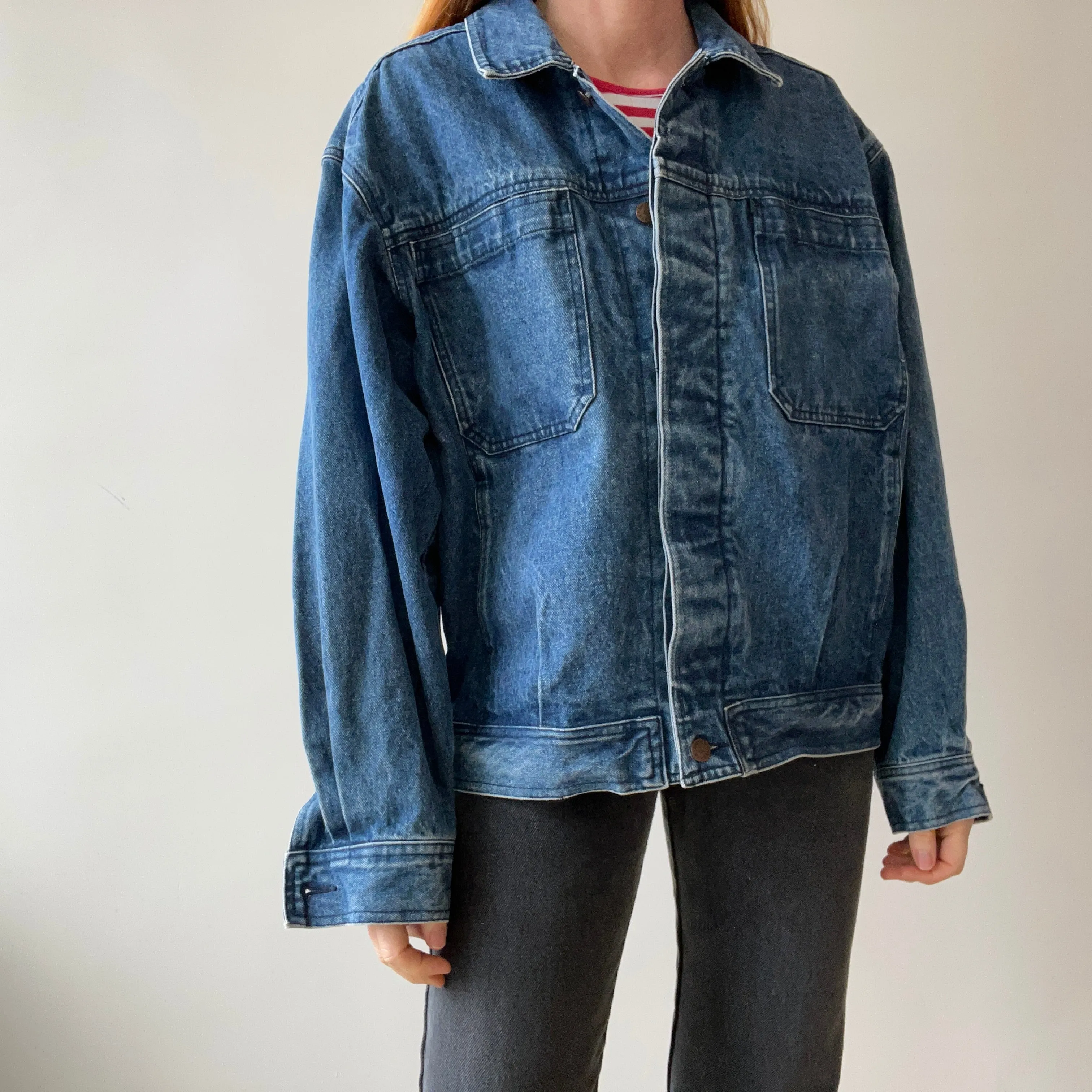 1990s Smith   Hawken Larger Pleated Denim Dad Jacket with Big Chest Pockets