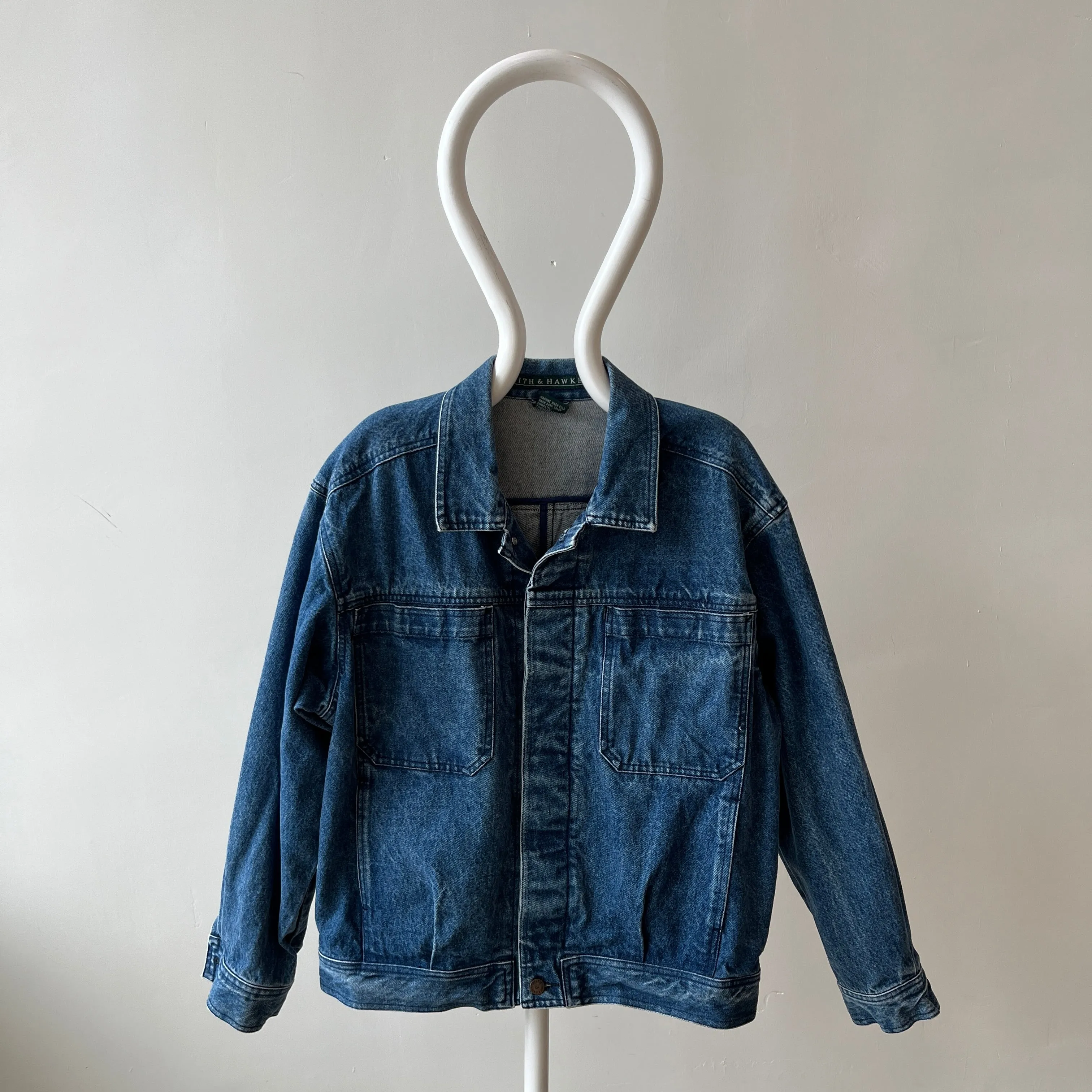 1990s Smith   Hawken Larger Pleated Denim Dad Jacket with Big Chest Pockets