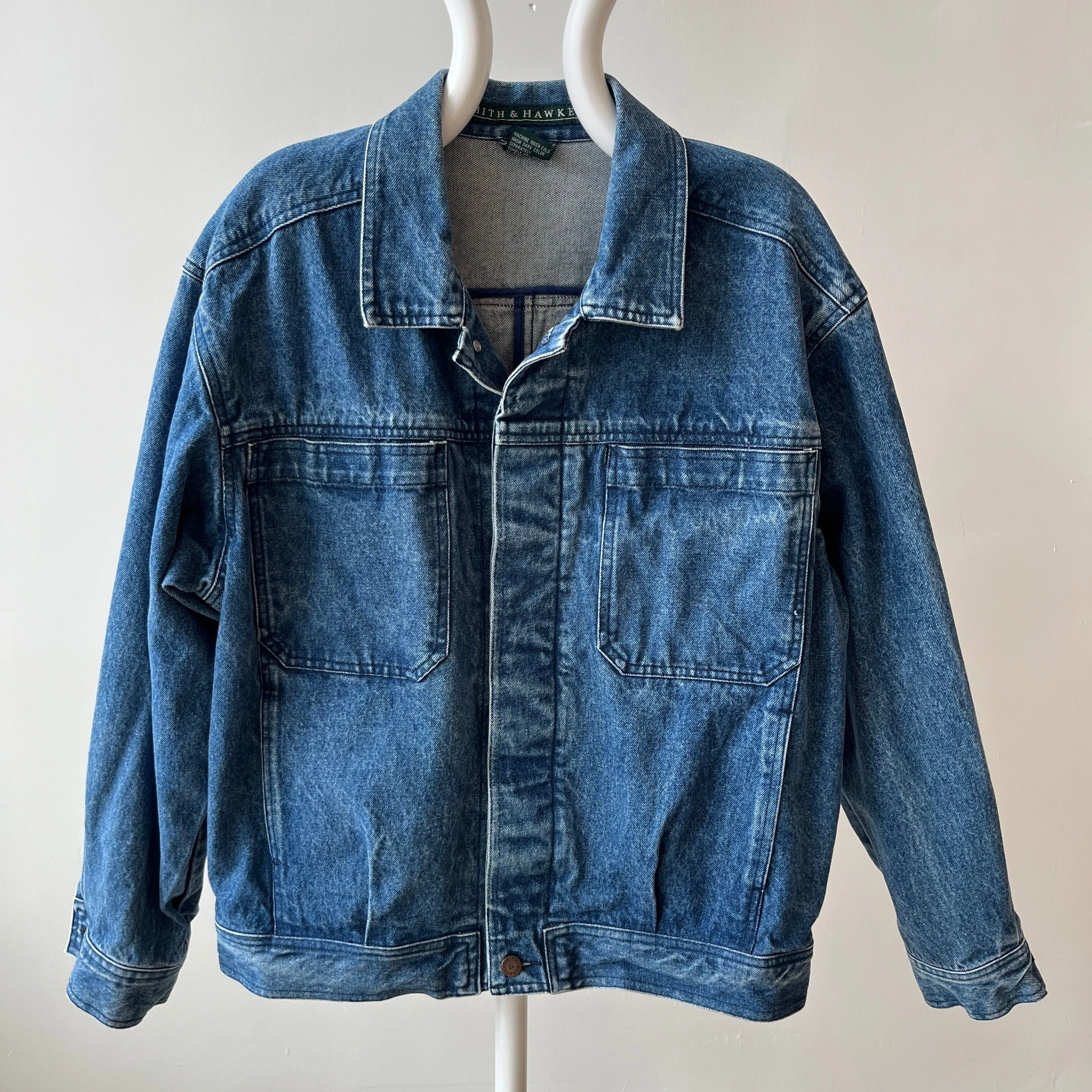 1990s Smith   Hawken Larger Pleated Denim Dad Jacket with Big Chest Pockets