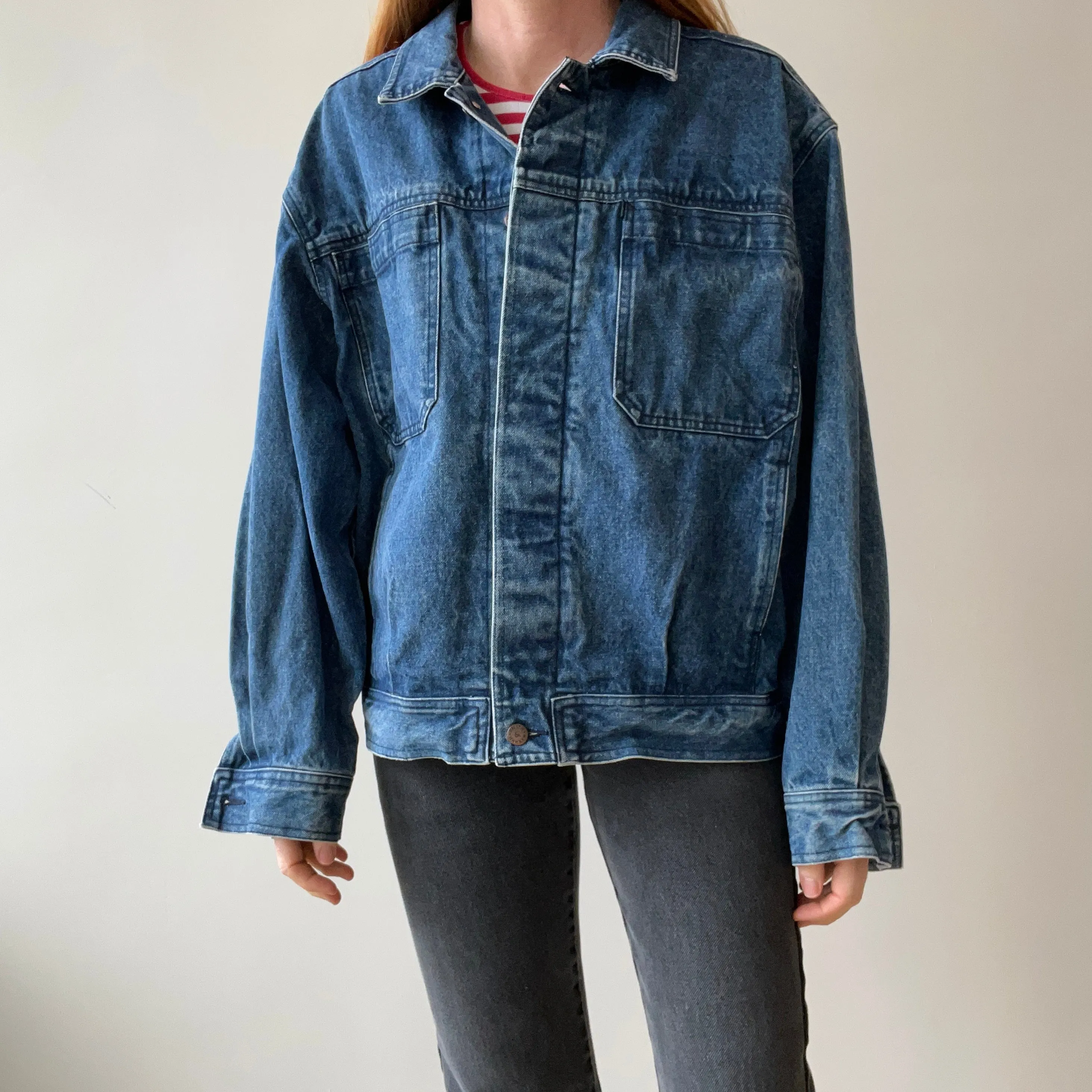 1990s Smith   Hawken Larger Pleated Denim Dad Jacket with Big Chest Pockets