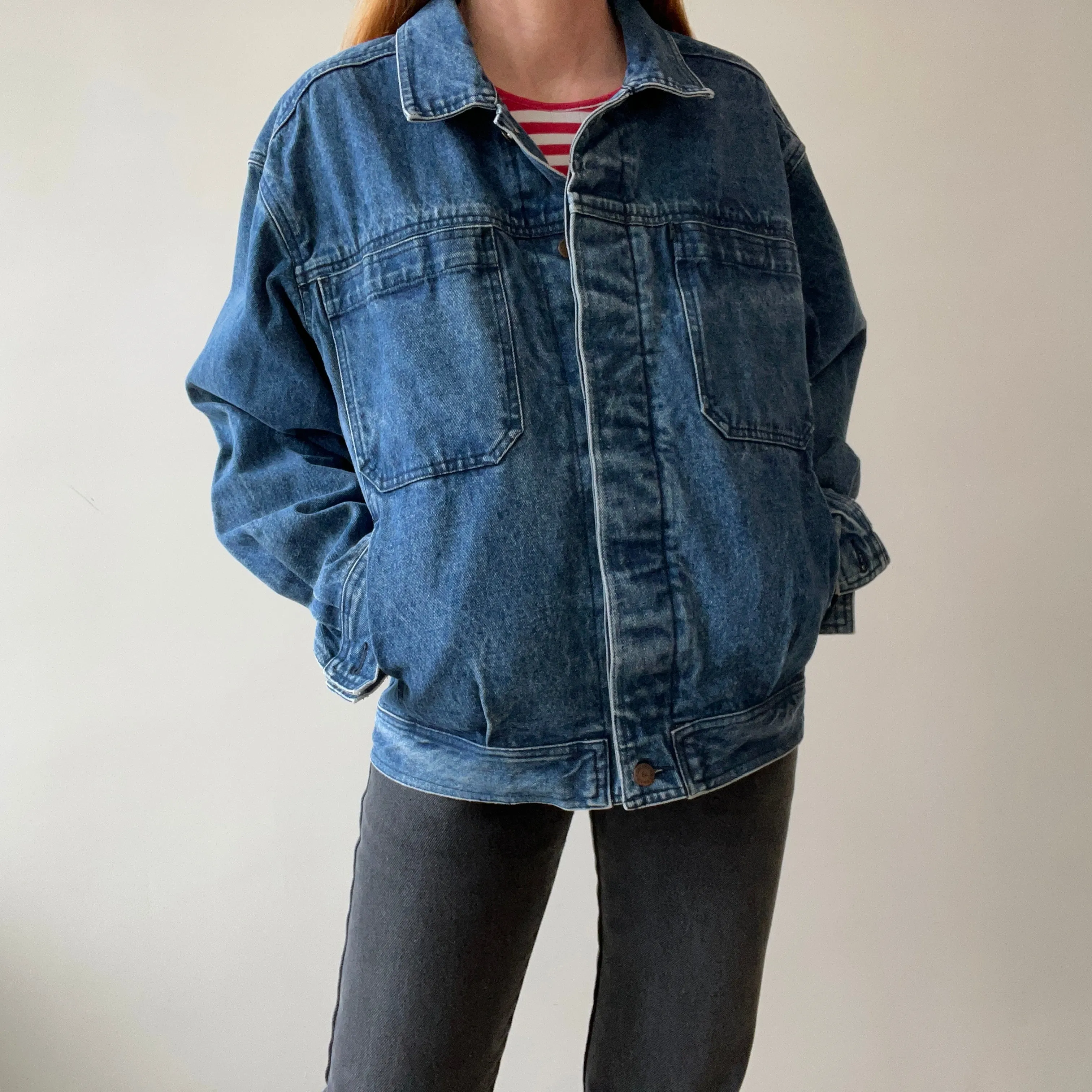 1990s Smith   Hawken Larger Pleated Denim Dad Jacket with Big Chest Pockets