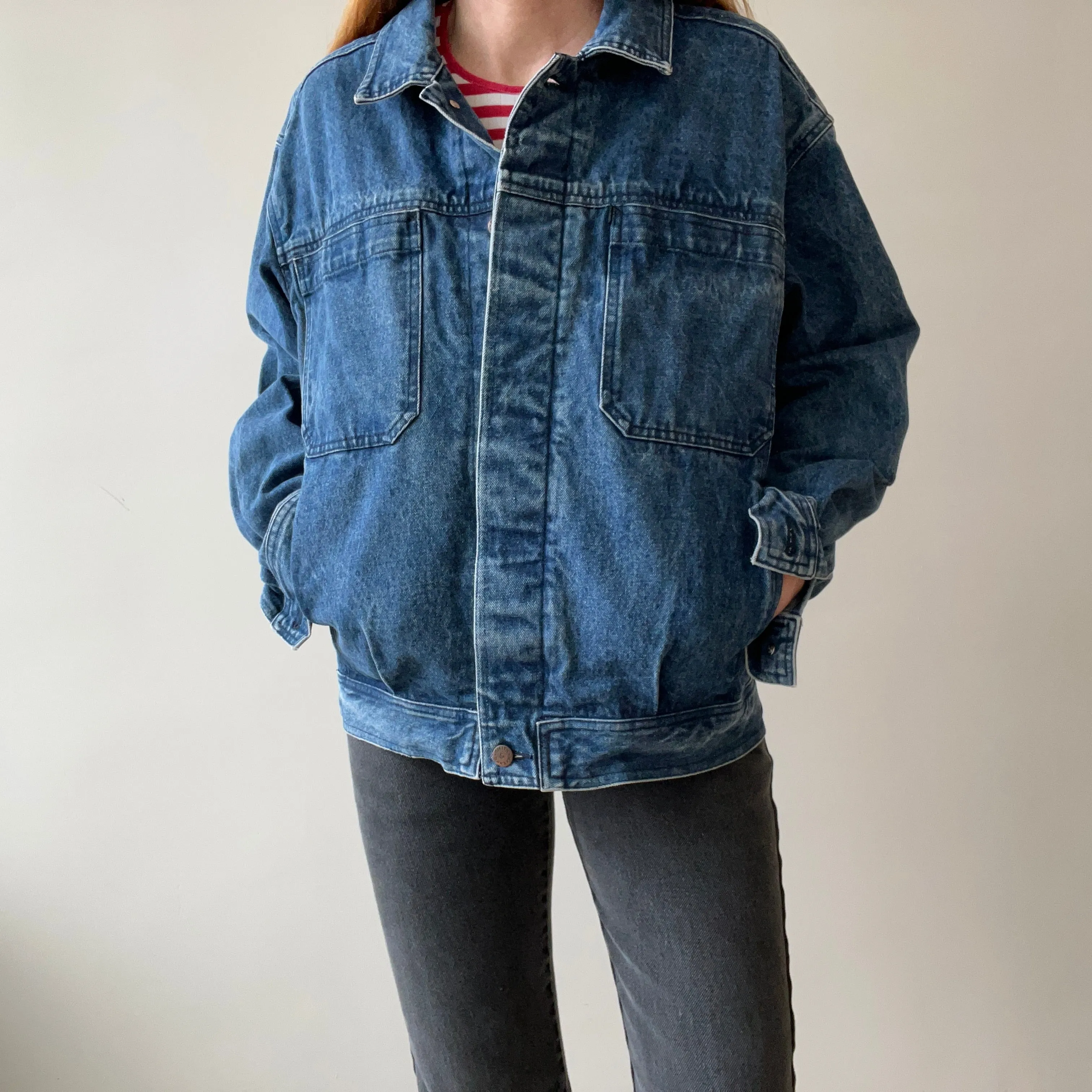 1990s Smith   Hawken Larger Pleated Denim Dad Jacket with Big Chest Pockets