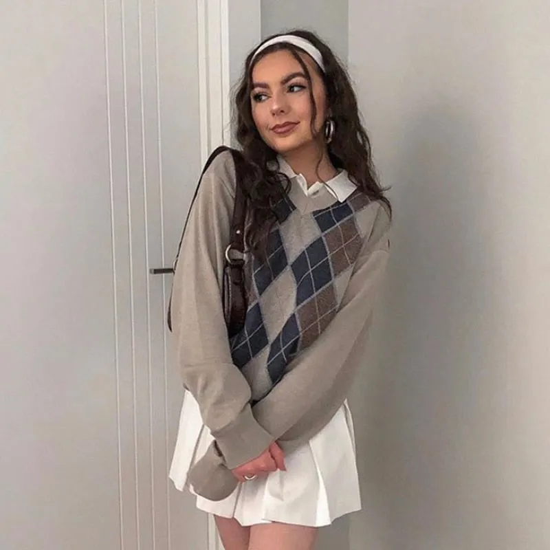 Argyle Sweater | Casual Streetwear | V Neck Long Sleeve Sweater | Women Plaid Knitted Pullover | Women Y2K Sweater | Pullover Jumper Sweater