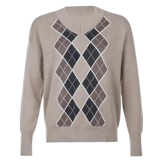 Argyle Sweater | Casual Streetwear | V Neck Long Sleeve Sweater | Women Plaid Knitted Pullover | Women Y2K Sweater | Pullover Jumper Sweater