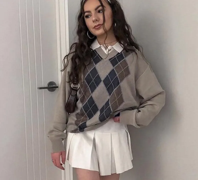Argyle Sweater | Casual Streetwear | V Neck Long Sleeve Sweater | Women Plaid Knitted Pullover | Women Y2K Sweater | Pullover Jumper Sweater