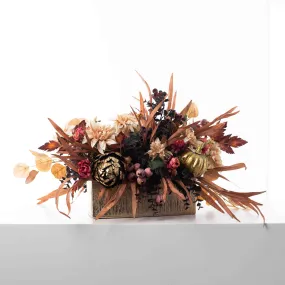 Autumn Enchantment - Gilded Bay Leaf, Beauty Rose, Dusty Mauve Berry & Golden Pumpkin Fall Arrangement in Gold Etched Ceramic Planter Box