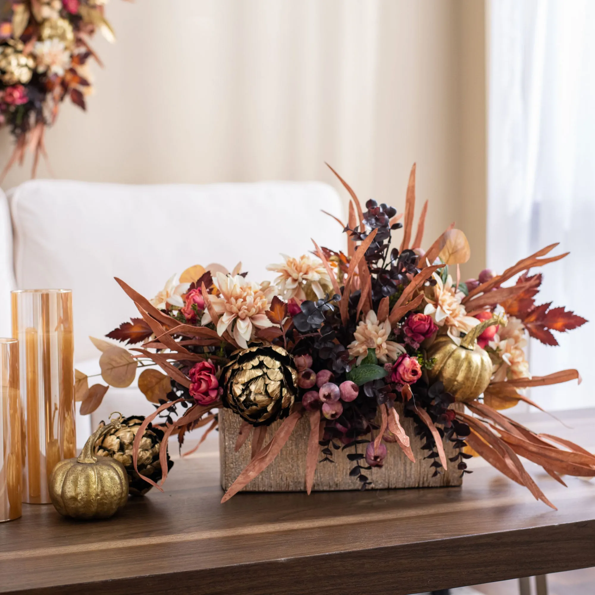 Autumn Enchantment - Gilded Bay Leaf, Beauty Rose, Dusty Mauve Berry & Golden Pumpkin Fall Arrangement in Gold Etched Ceramic Planter Box