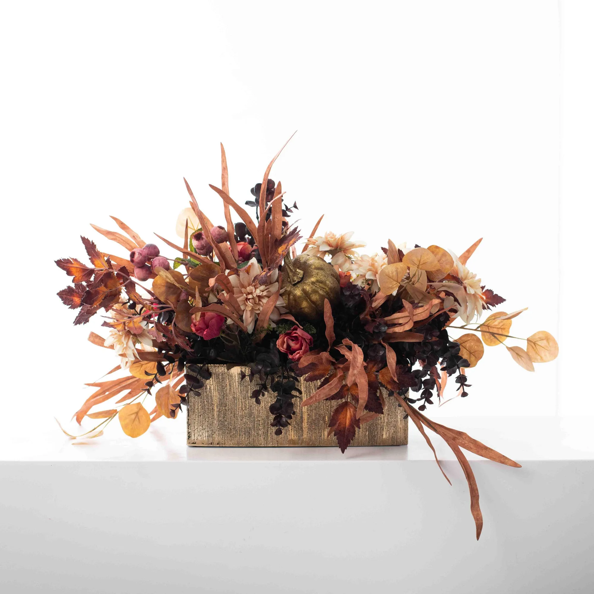 Autumn Enchantment - Gilded Bay Leaf, Beauty Rose, Dusty Mauve Berry & Golden Pumpkin Fall Arrangement in Gold Etched Ceramic Planter Box