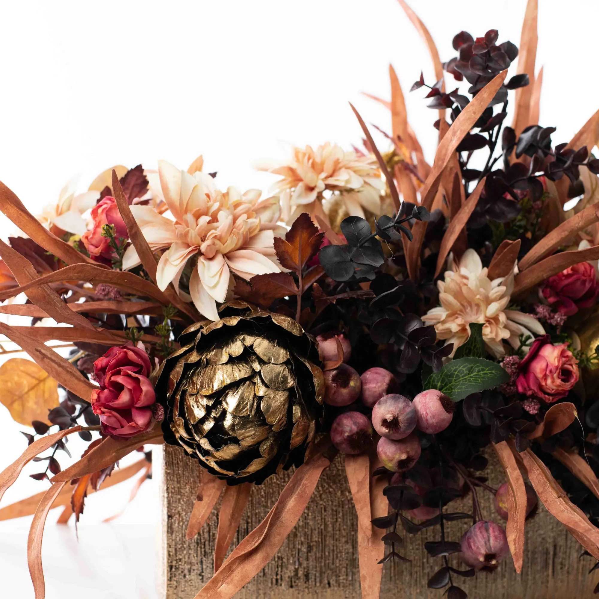 Autumn Enchantment - Gilded Bay Leaf, Beauty Rose, Dusty Mauve Berry & Golden Pumpkin Fall Arrangement in Gold Etched Ceramic Planter Box