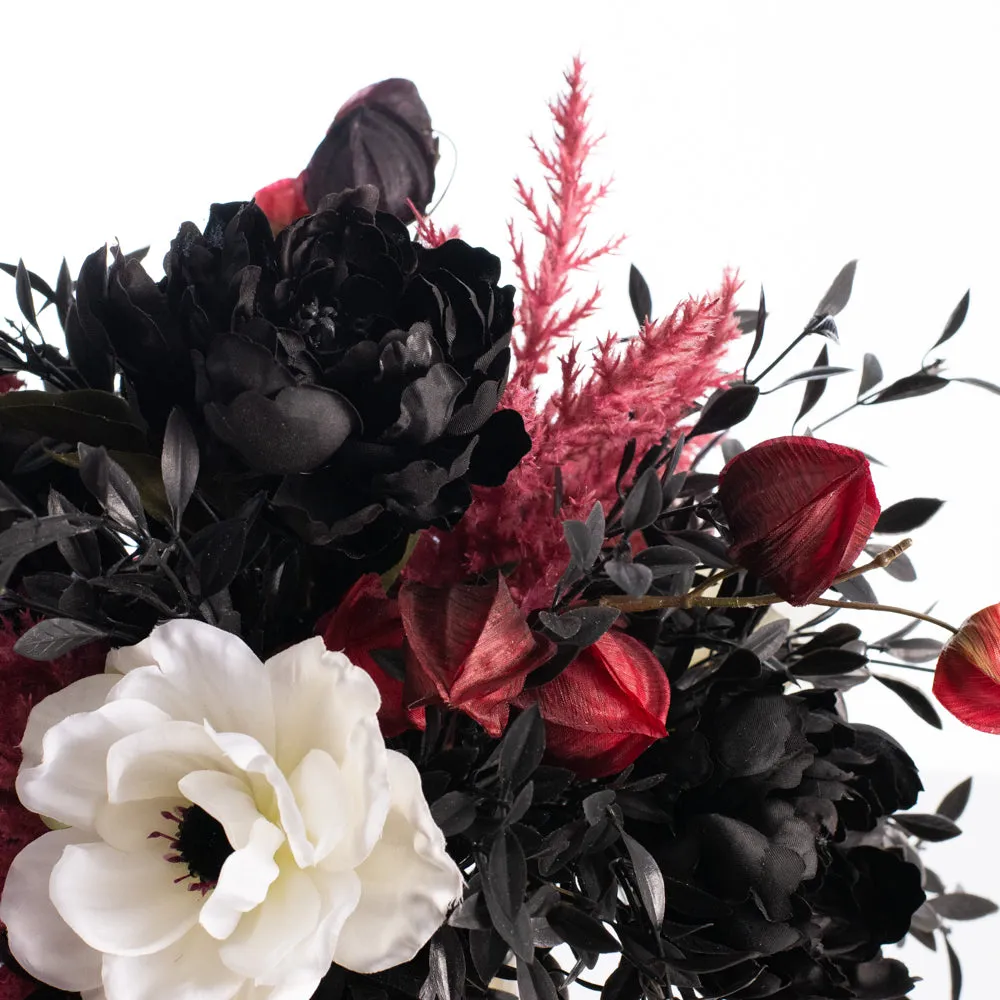 Black Magic Peony, Rose Pampas Grass & Burgundy Chinese Lantern Fall Floral Arrangement in Antiqued Hammered Gold Pot