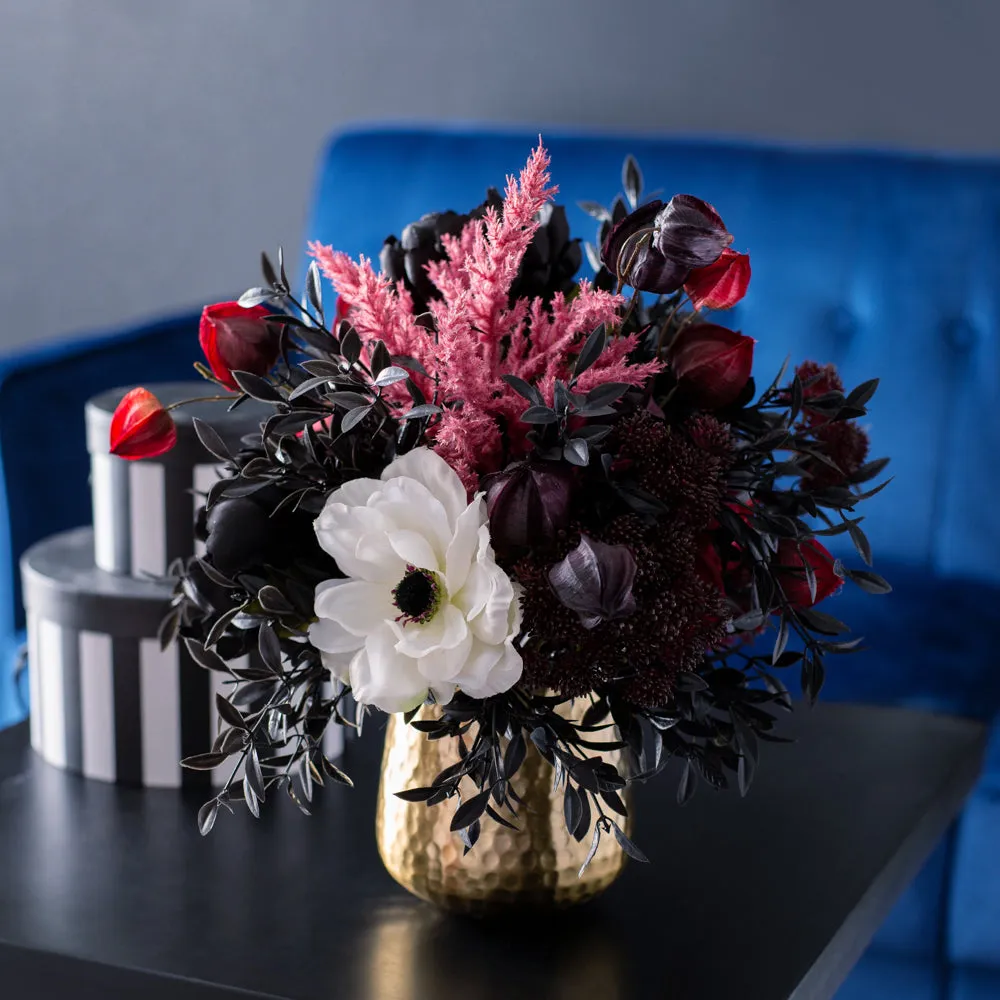 Black Magic Peony, Rose Pampas Grass & Burgundy Chinese Lantern Fall Floral Arrangement in Antiqued Hammered Gold Pot