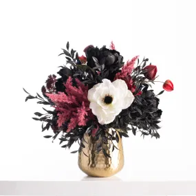 Black Magic Peony, Rose Pampas Grass & Burgundy Chinese Lantern Fall Floral Arrangement in Antiqued Hammered Gold Pot