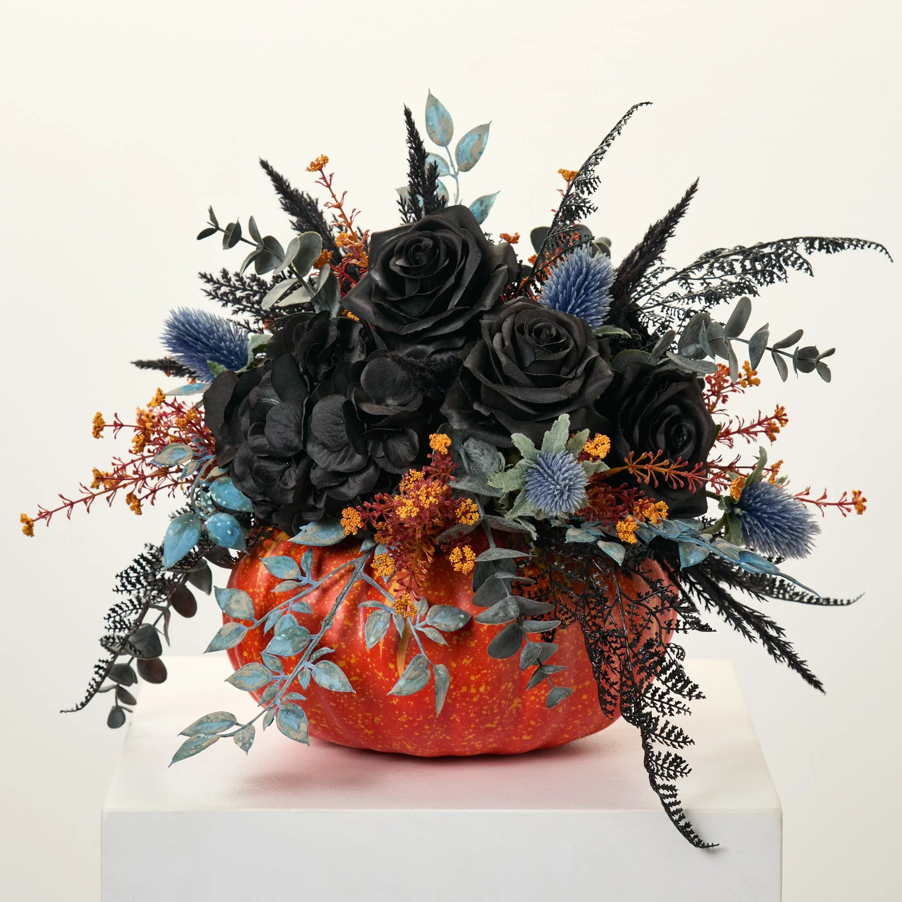 Black Magic Rose, Hydrangea & Fern Fall Pumpkin Arrangement Thanksgiving Centerpiece Decor