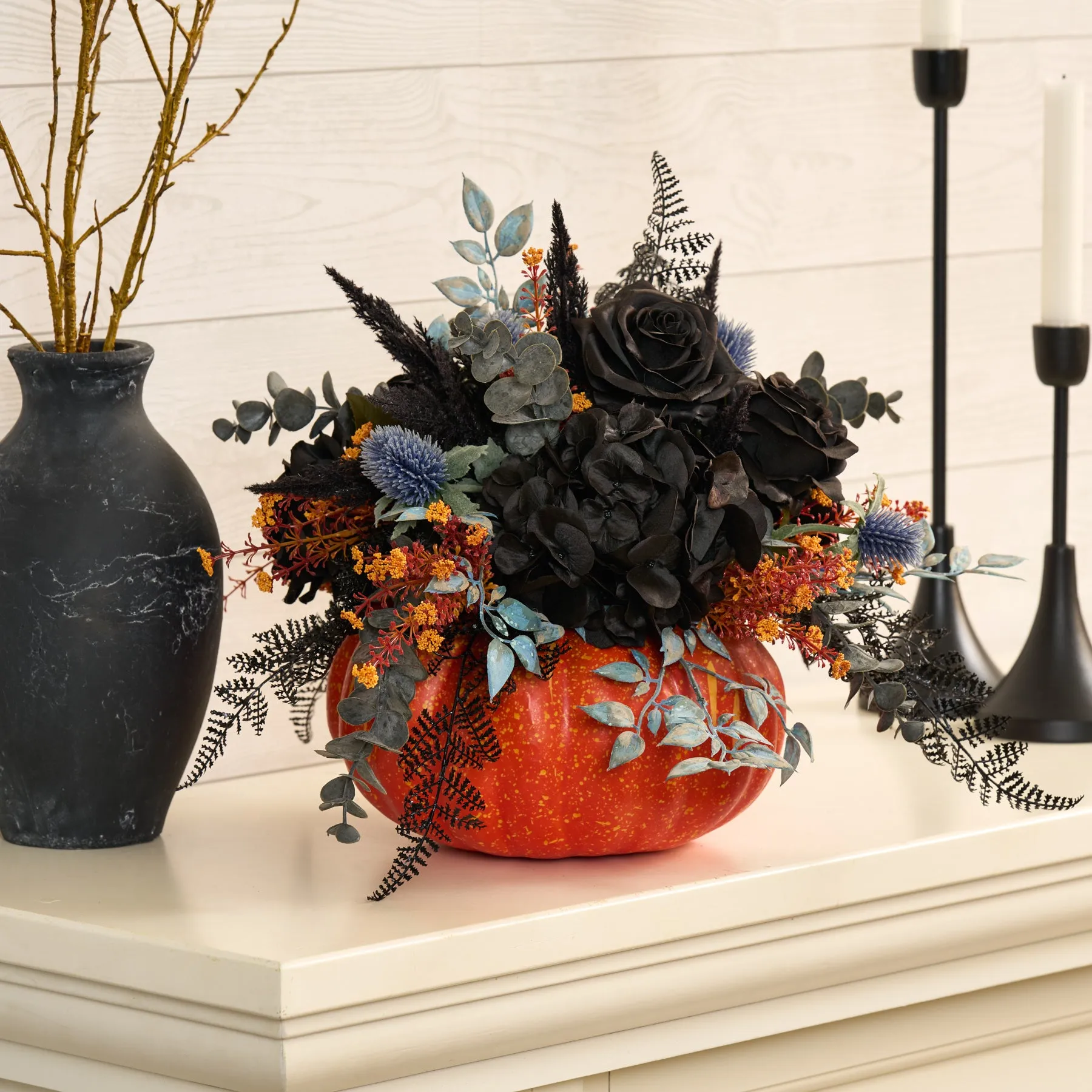 Black Magic Rose, Hydrangea & Fern Fall Pumpkin Arrangement Thanksgiving Centerpiece Decor