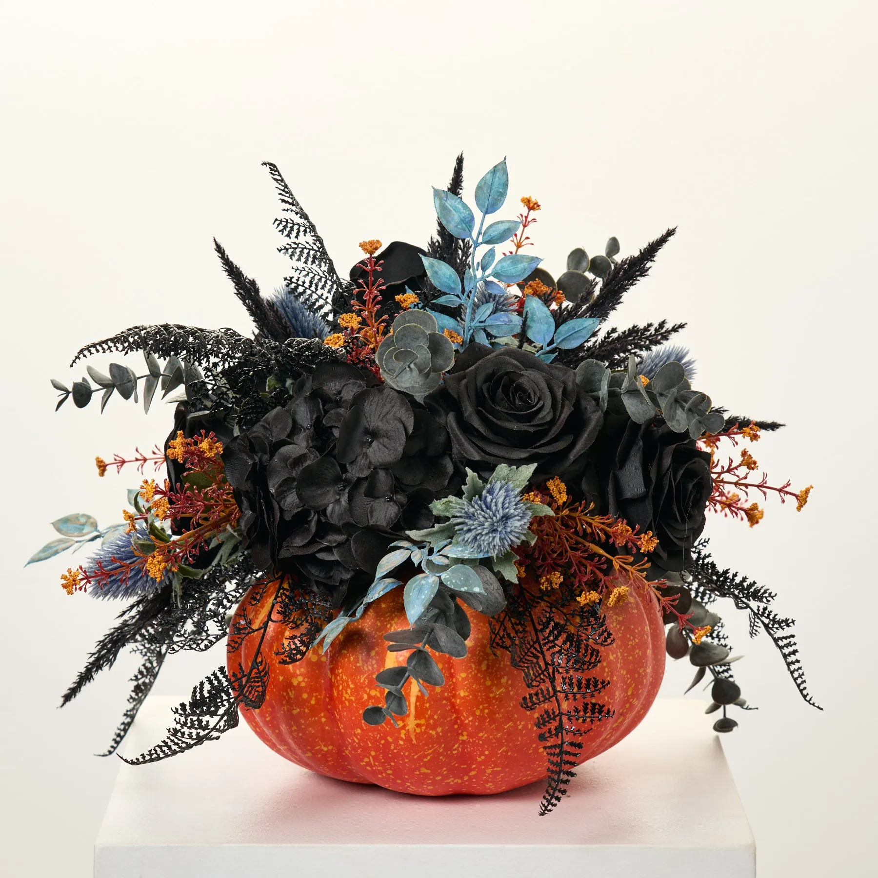 Black Magic Rose, Hydrangea & Fern Fall Pumpkin Arrangement Thanksgiving Centerpiece Decor