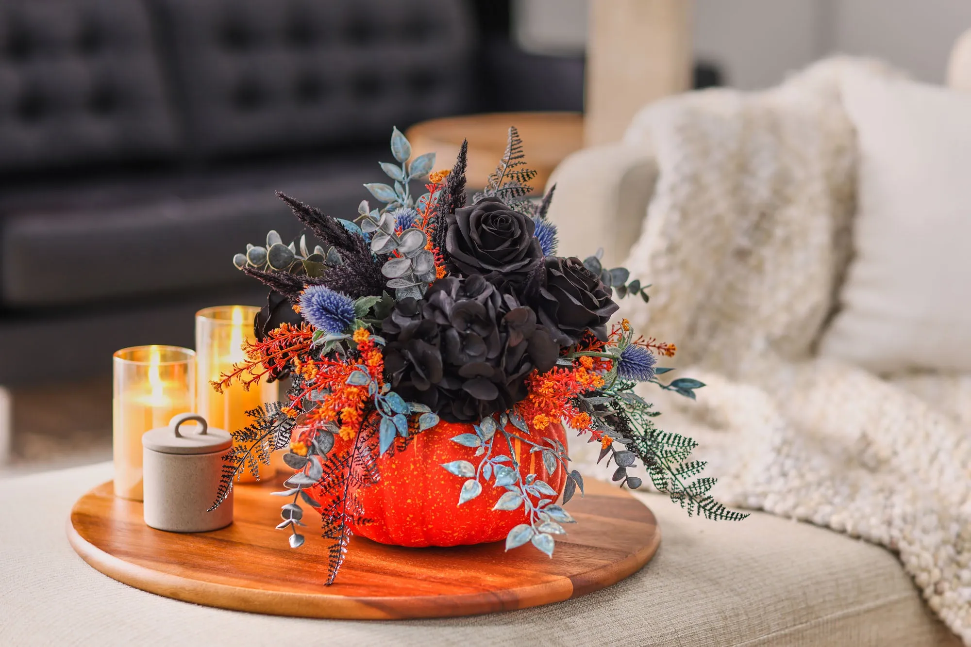 Black Magic Rose, Hydrangea & Fern Fall Pumpkin Arrangement Thanksgiving Centerpiece Decor
