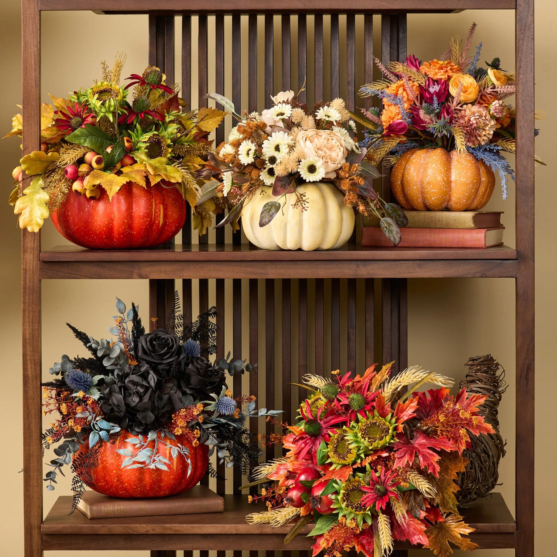 Black Magic Rose, Hydrangea & Fern Fall Pumpkin Arrangement Thanksgiving Centerpiece Decor