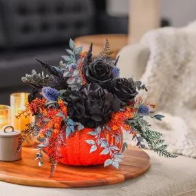 Black Magic Rose, Hydrangea & Fern Fall Pumpkin Arrangement Thanksgiving Centerpiece Decor