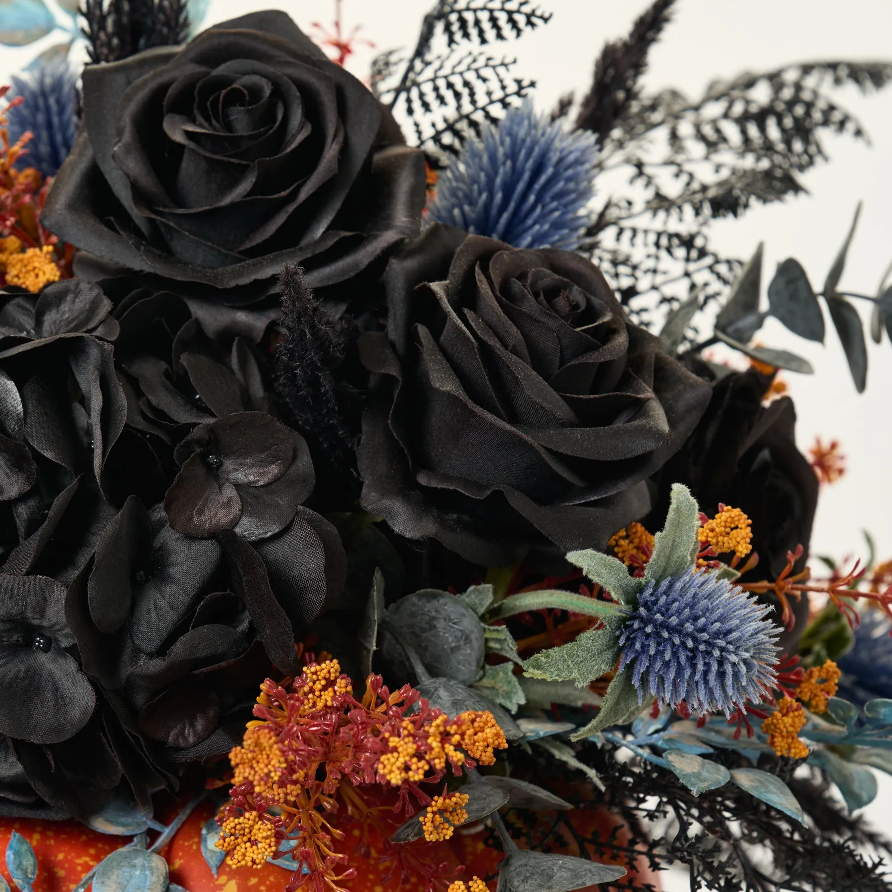 Black Magic Rose, Hydrangea & Fern Fall Pumpkin Arrangement Thanksgiving Centerpiece Decor
