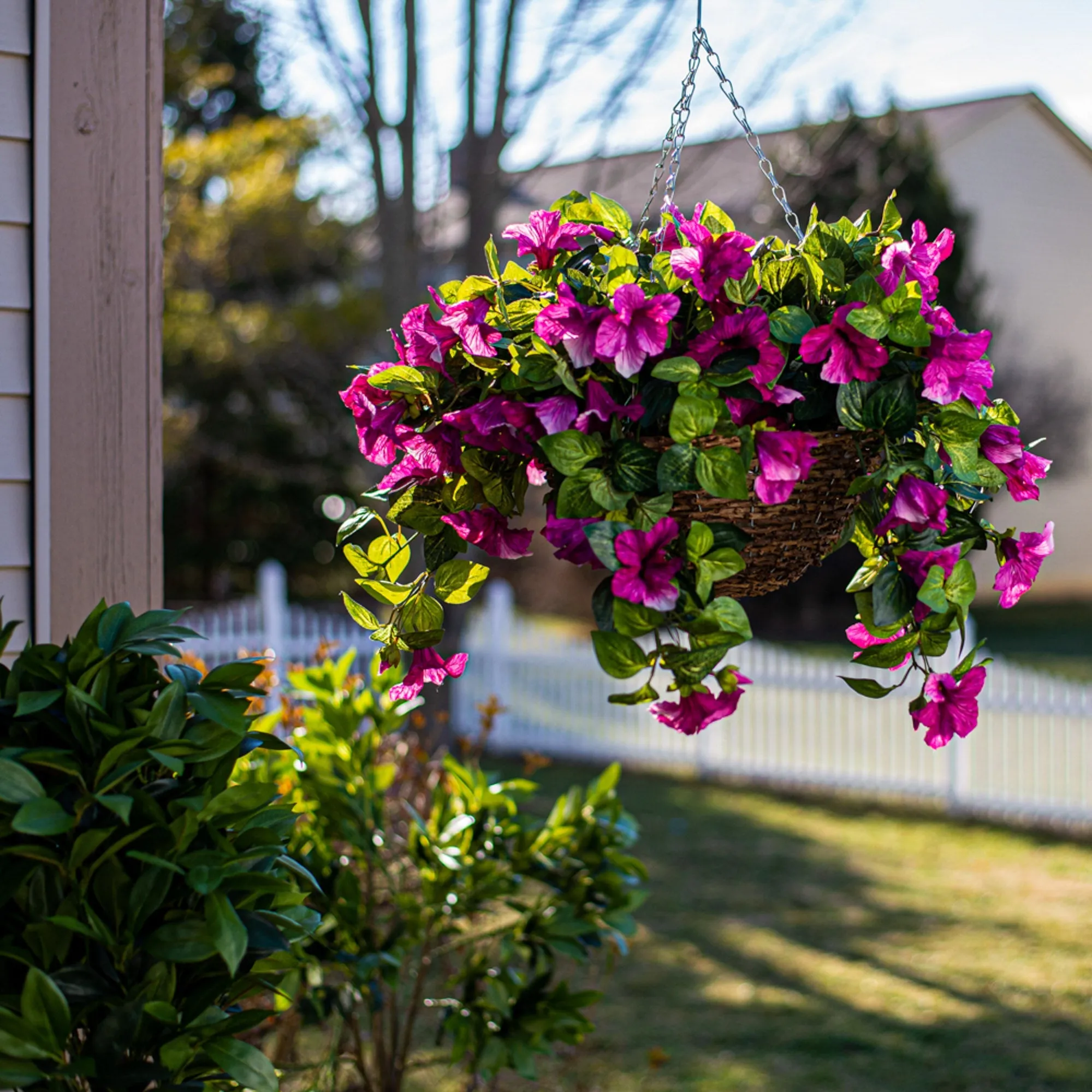 Cascading Petunia Artificial Plant in Round Rattan Hanging Basket - Available In 3 Colors