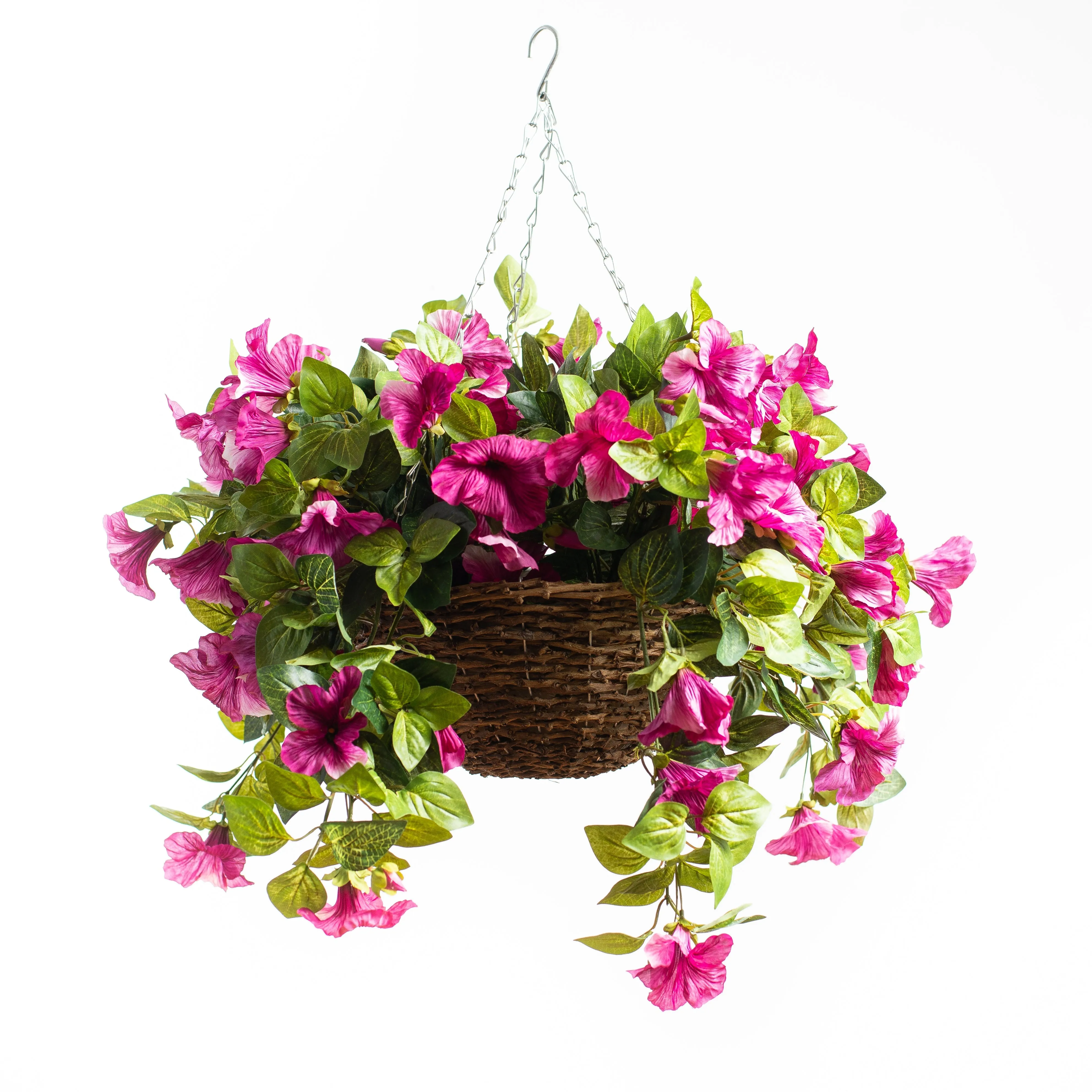 Cascading Petunia Artificial Plant in Round Rattan Hanging Basket - Available In 3 Colors
