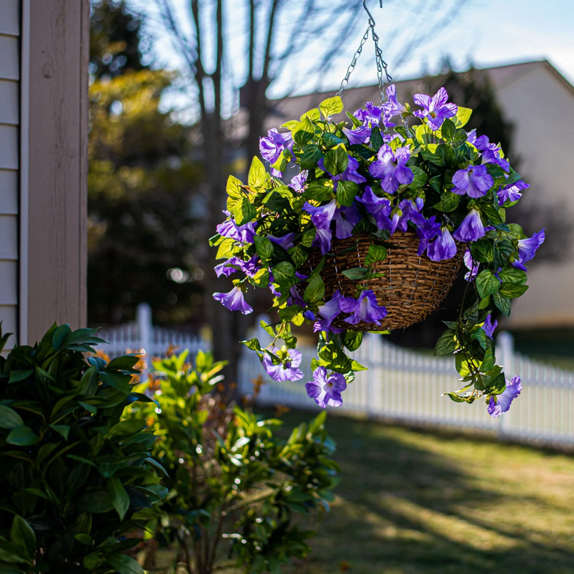 Cascading Petunia Artificial Plant in Round Rattan Hanging Basket - Available In 3 Colors