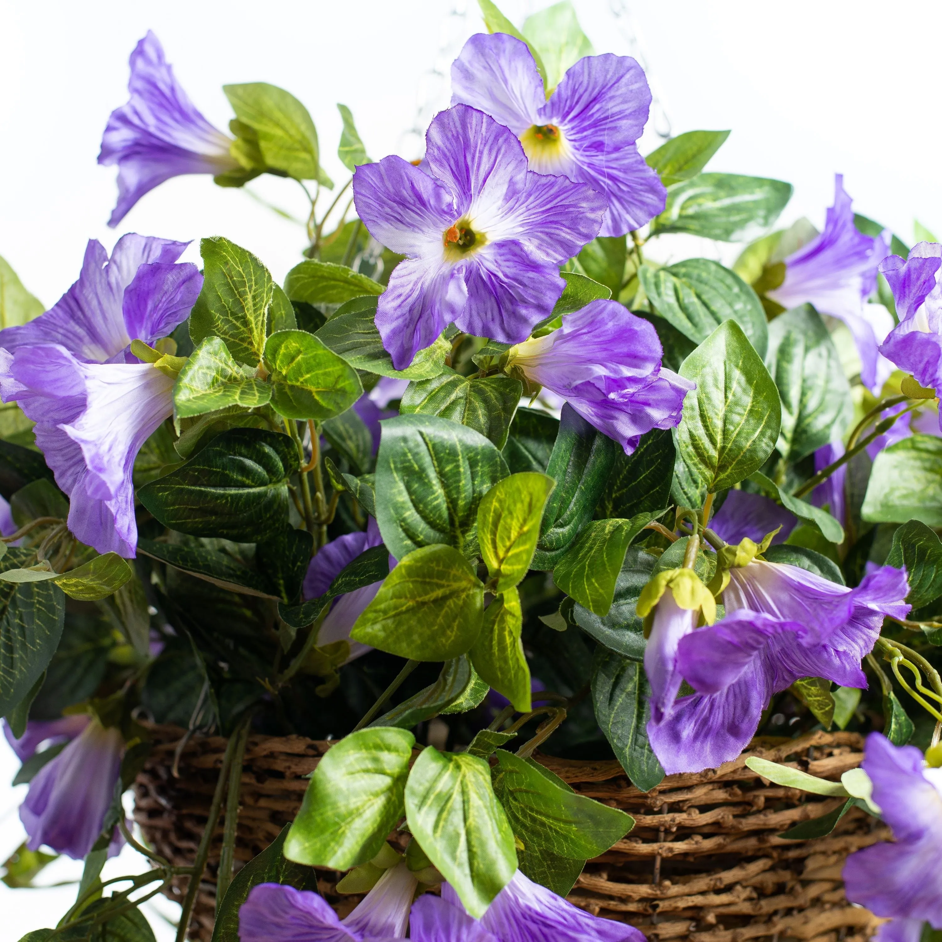 Cascading Petunia Artificial Plant in Round Rattan Hanging Basket - Available In 3 Colors