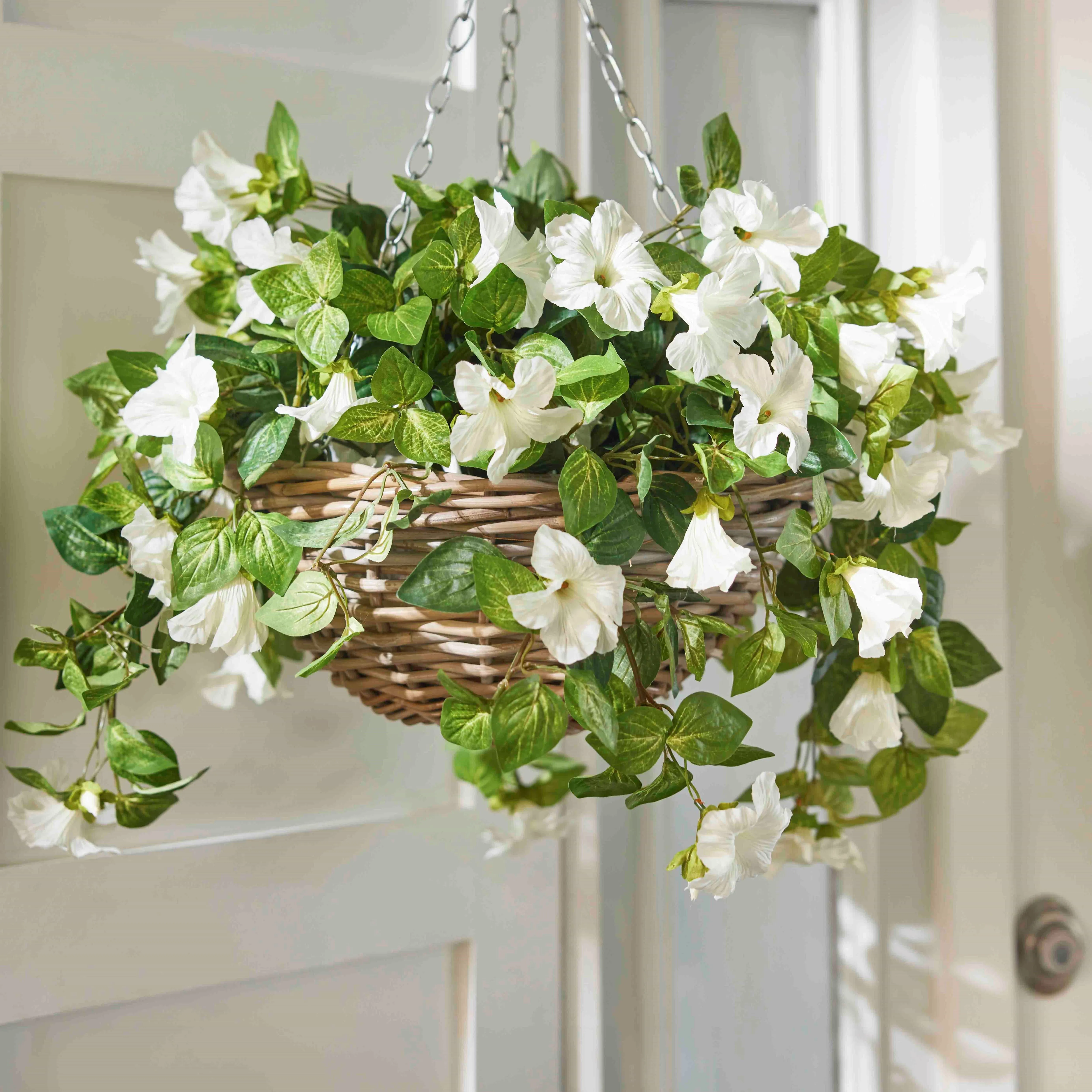 Cascading Petunia Artificial Plant in Round Rattan Hanging Basket - Available In 3 Colors