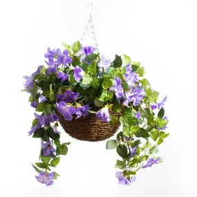 Cascading Petunia Artificial Plant in Round Rattan Hanging Basket - Available In 3 Colors
