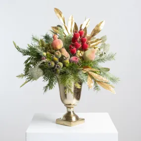 Della Robbia Style Christmas Holiday Arrangement with Sugar Fruit, Beaded Rosehip, Cedar & Gold Bay Leaf Centerpiece in Gold Metal Urn