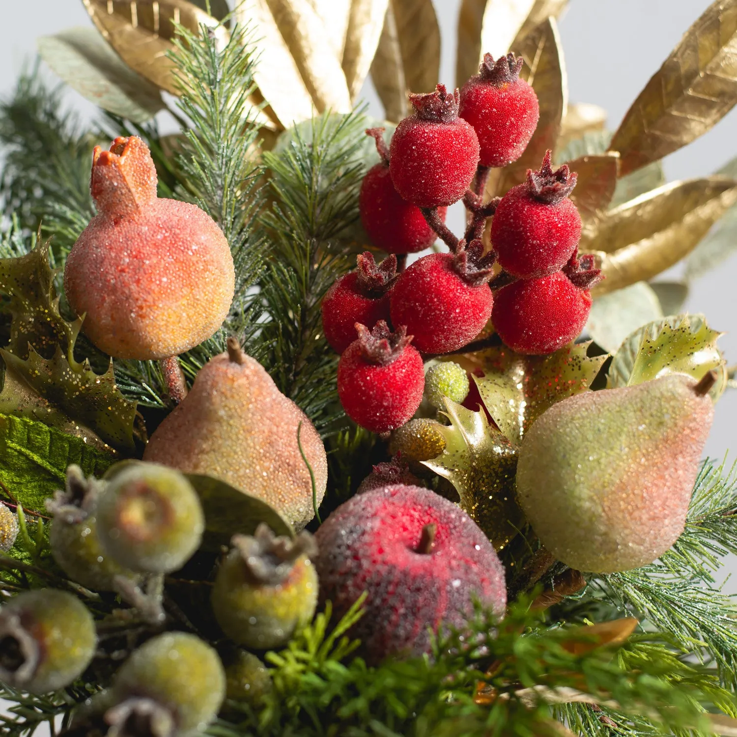 Della Robbia Style Christmas Holiday Arrangement with Sugar Fruit, Beaded Rosehip, Cedar & Gold Bay Leaf Centerpiece in Gold Metal Urn