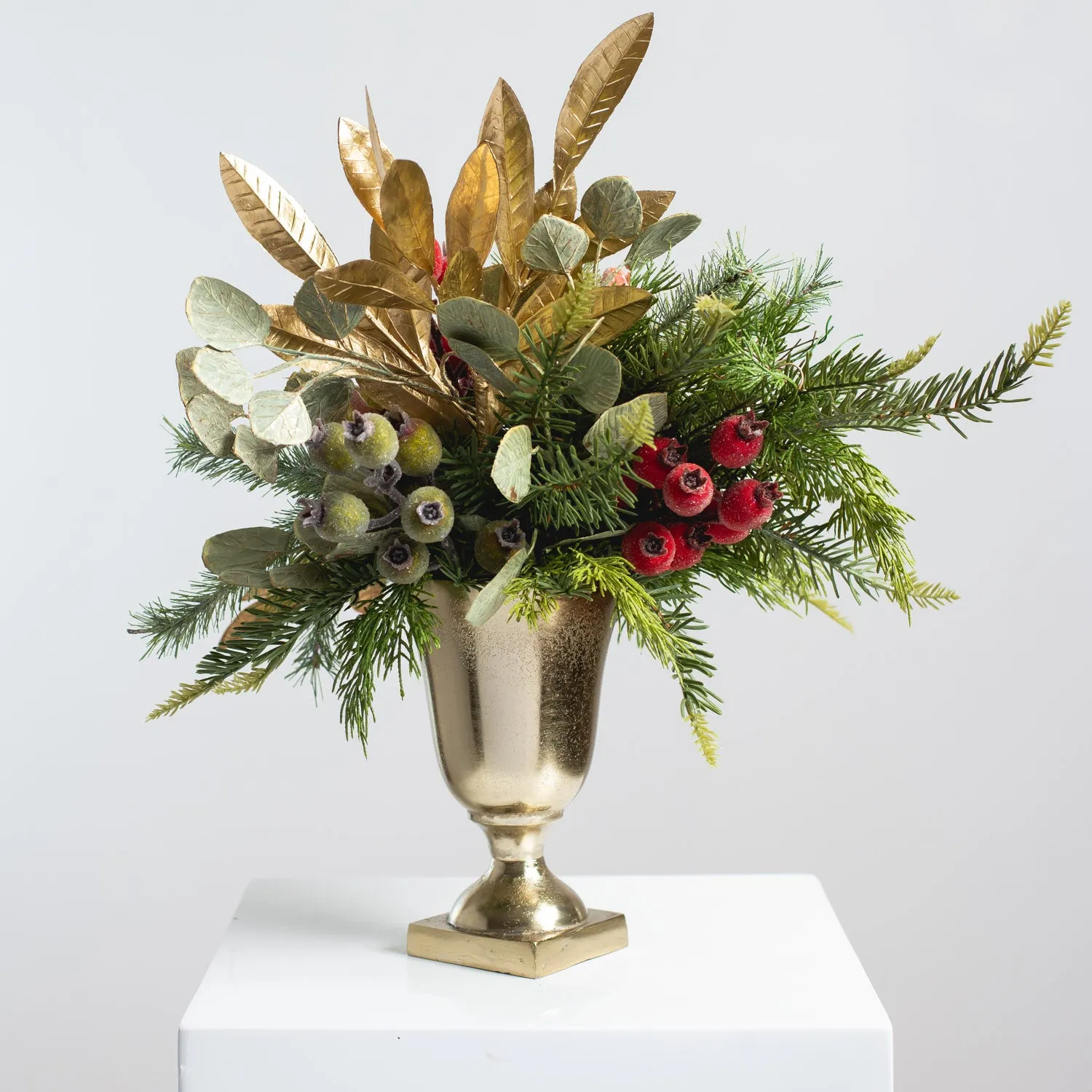 Della Robbia Style Christmas Holiday Arrangement with Sugar Fruit, Beaded Rosehip, Cedar & Gold Bay Leaf Centerpiece in Gold Metal Urn