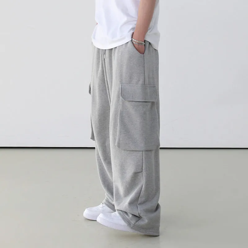 Drapey Gray Cargo Pants, Loose Wide-Leg Long Pants