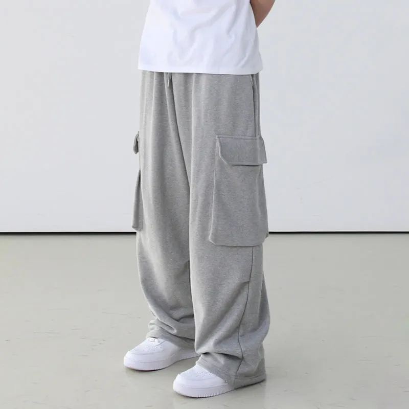 Drapey Gray Cargo Pants, Loose Wide-Leg Long Pants