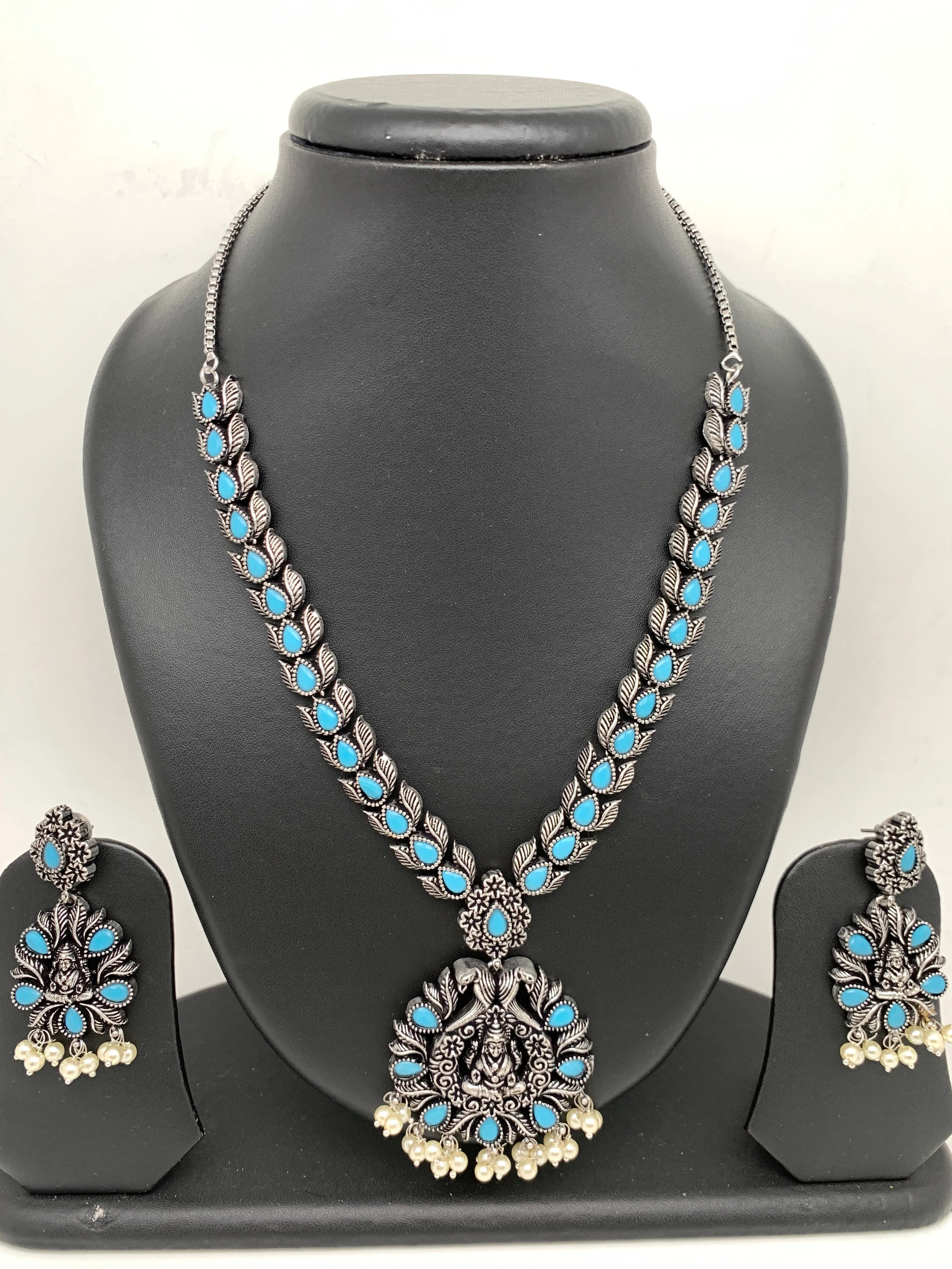Goddess Lakshmi Teal Stone Oxidized German Silver Necklace