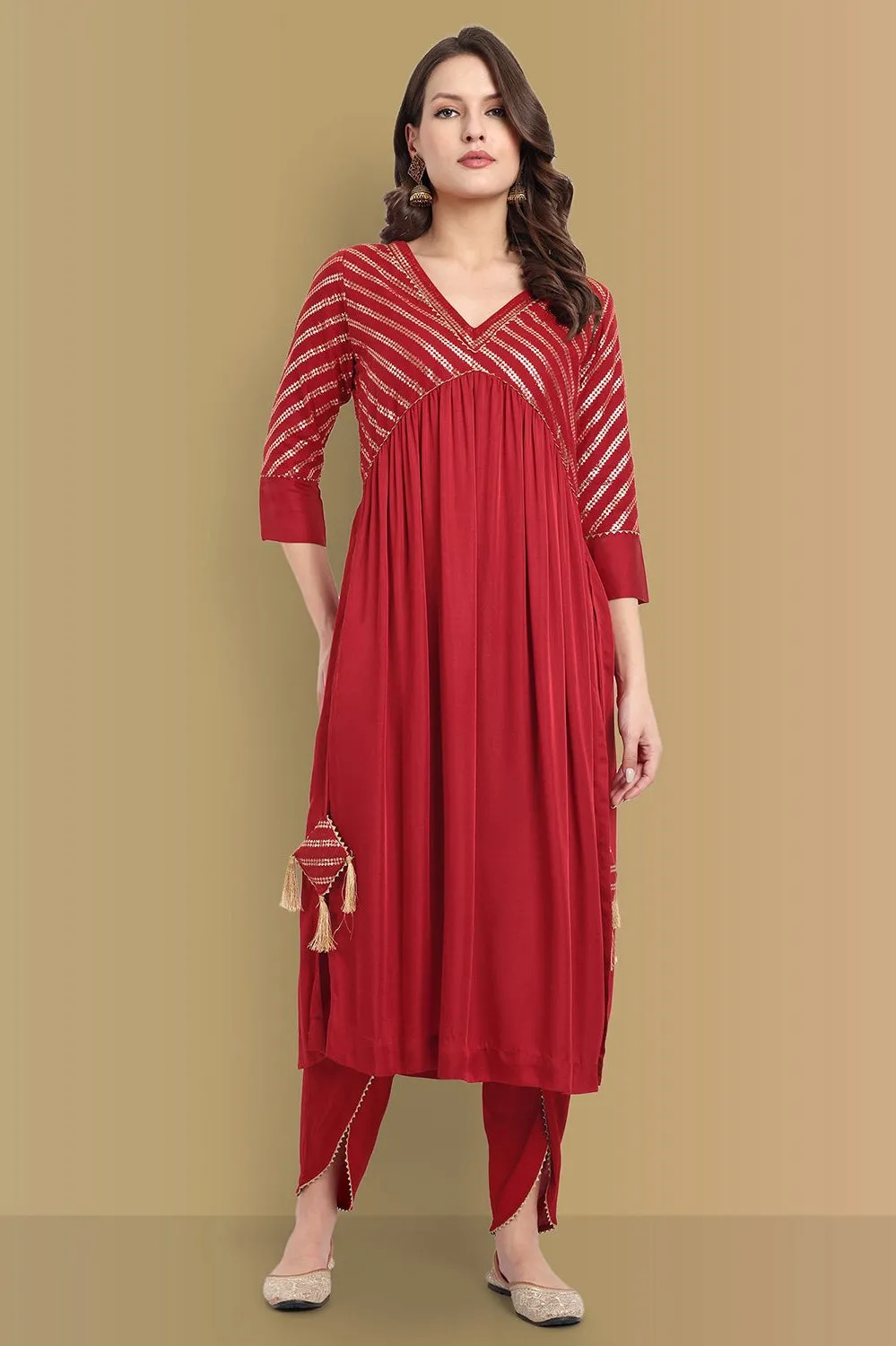Handcrafted Aamna Cotton Banarasi & Dola Silk Ethnic Wear with tulip pant