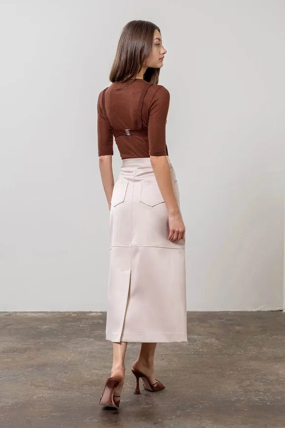 High Waist Panel Back Slit Midi Skirt
