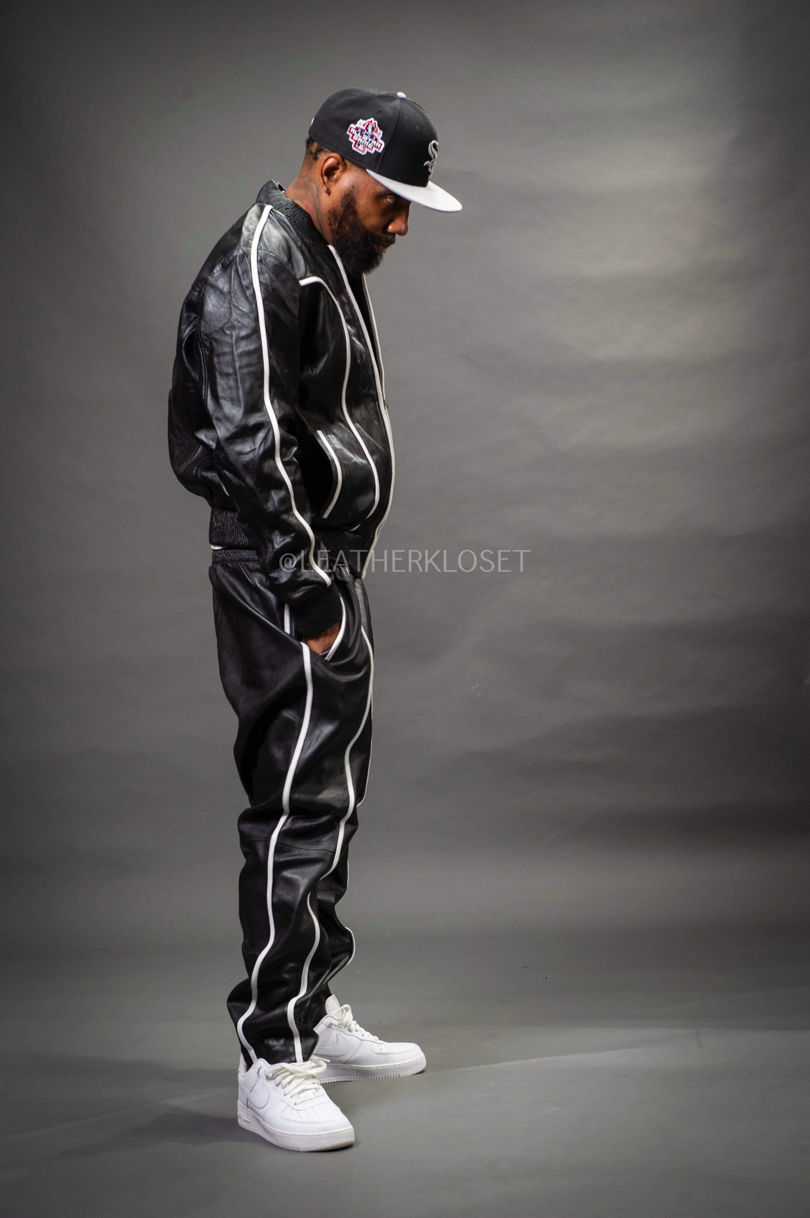 Men's Brayden Leather Track Suit Sweatsuit [Black/White]