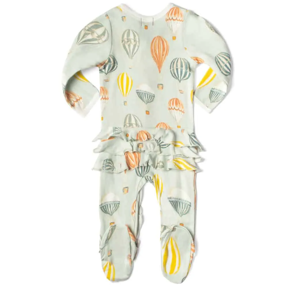 MilkBarn Kids Organic Ruffle Zipper Footed Romper | Vintage Balloons