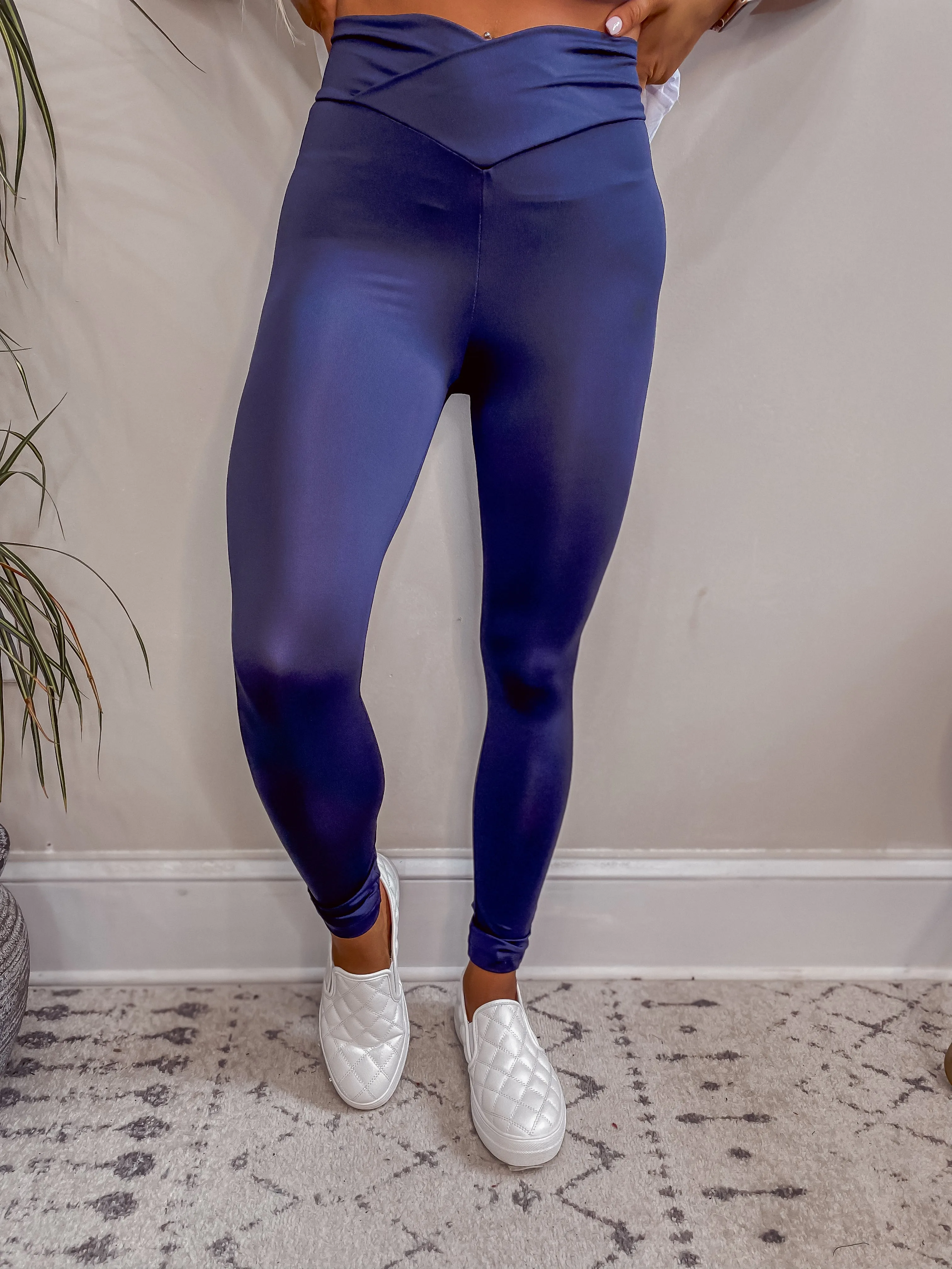 Navy Crossover Waistband Leggings