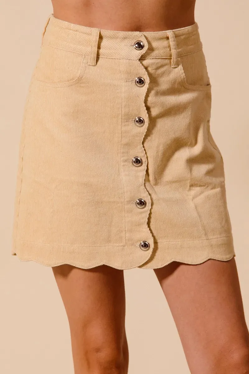 Oatmeal Scallop Buttoned Corduroy Mini Skirt