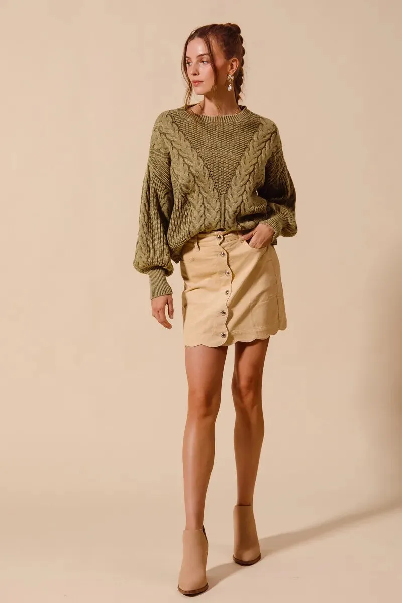 Oatmeal Scallop Buttoned Corduroy Mini Skirt