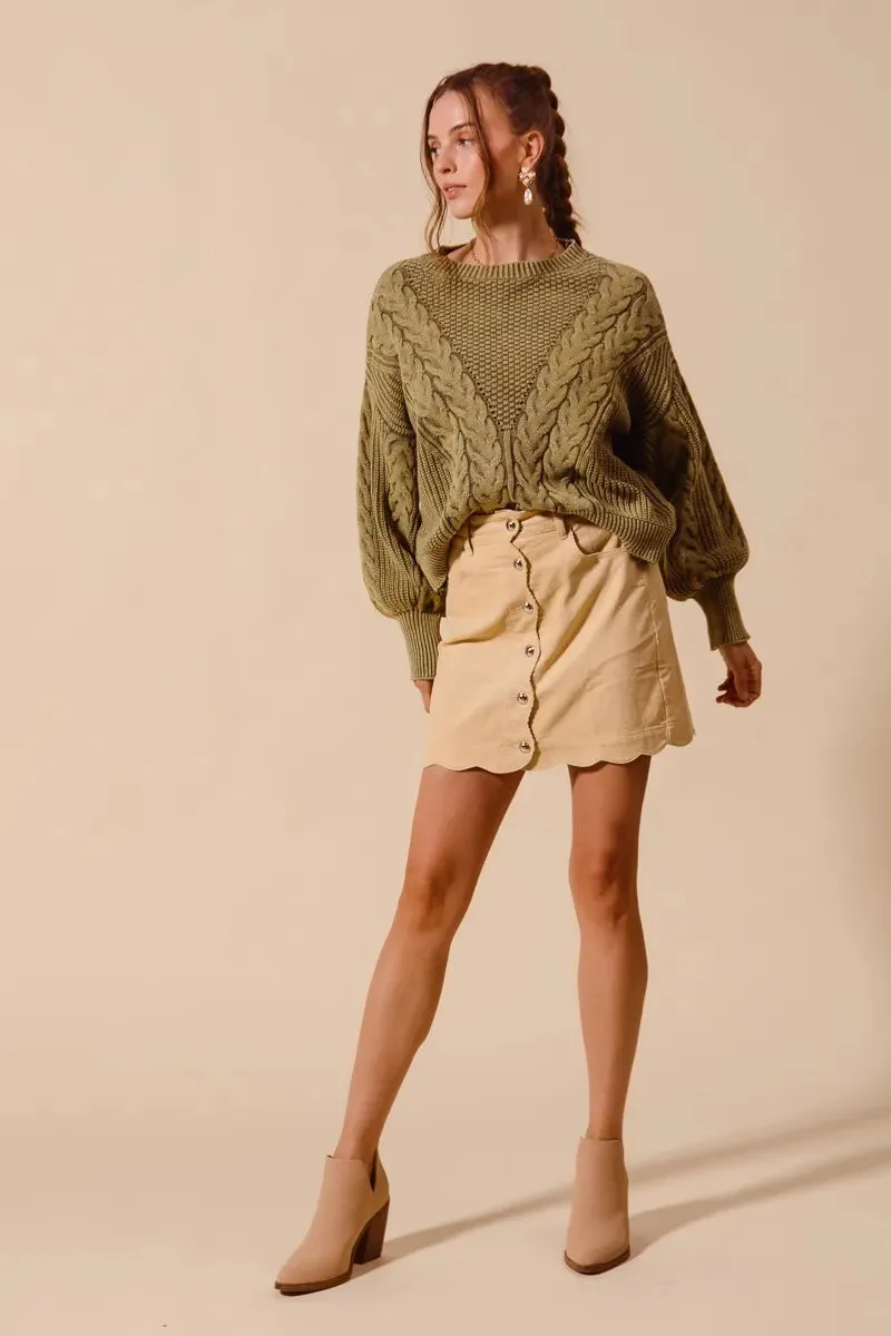 Oatmeal Scallop Buttoned Corduroy Mini Skirt
