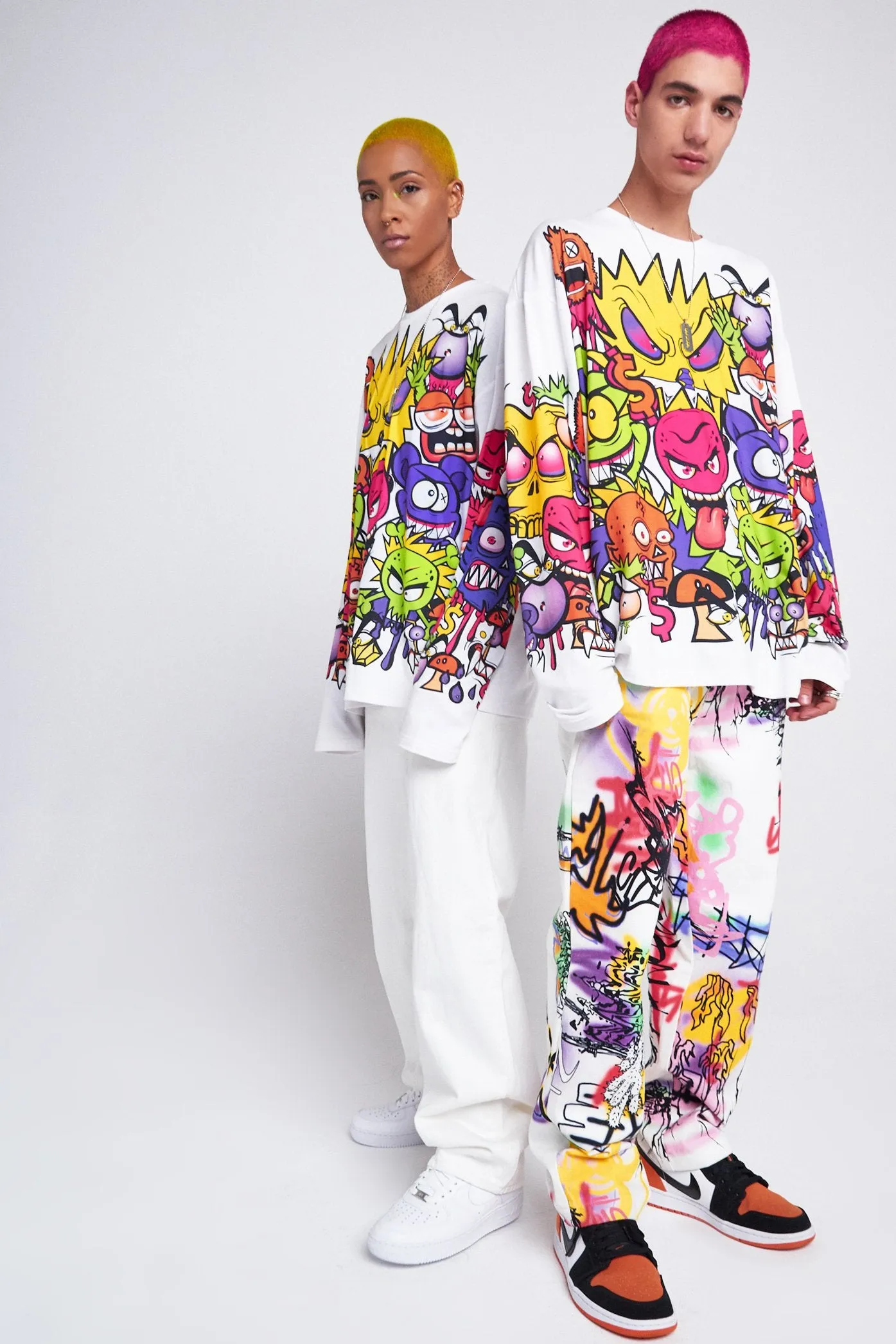 Parallel Cartoon Monsters Print Long Sleeve T-shirt