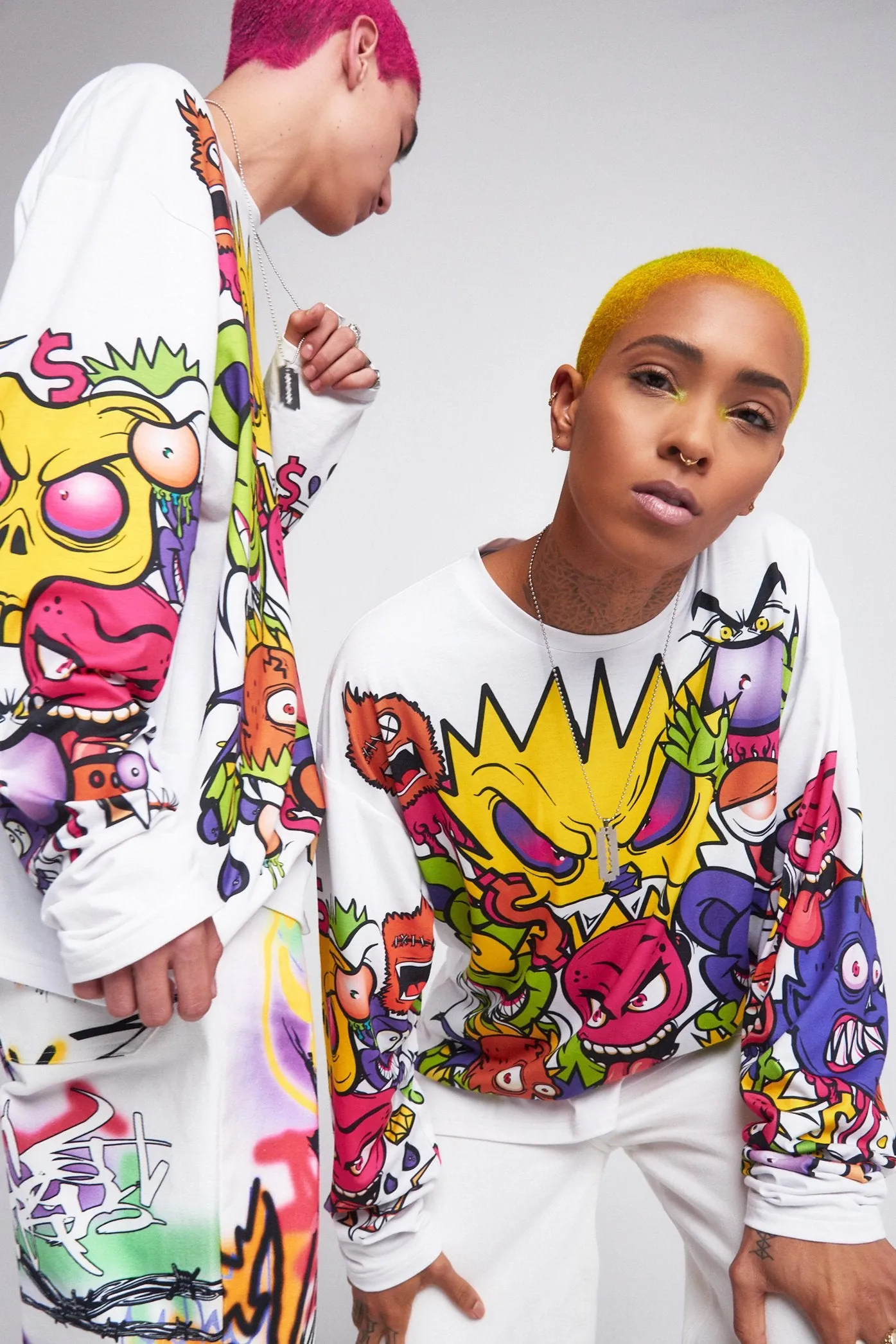Parallel Cartoon Monsters Print Long Sleeve T-shirt