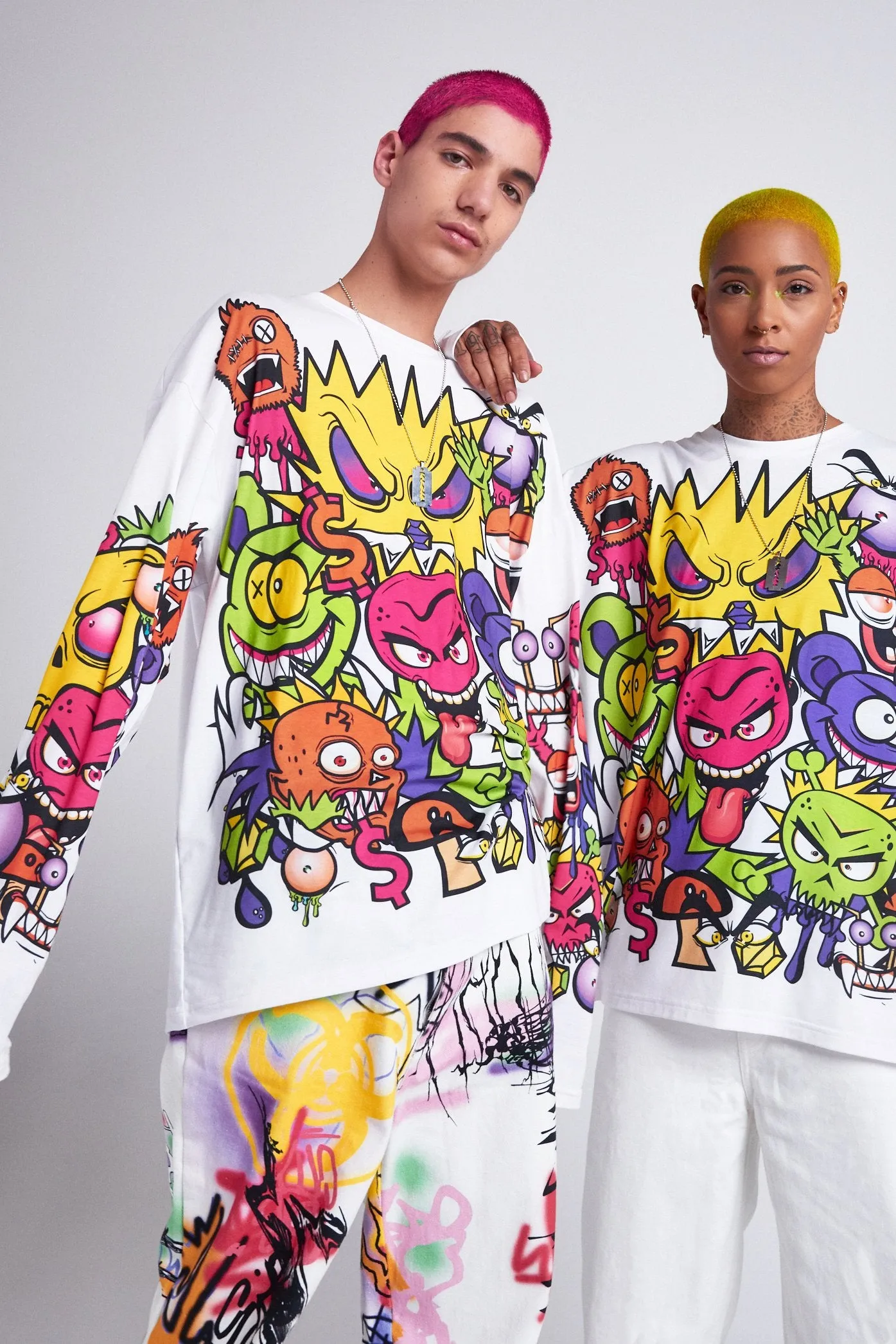 Parallel Cartoon Monsters Print Long Sleeve T-shirt