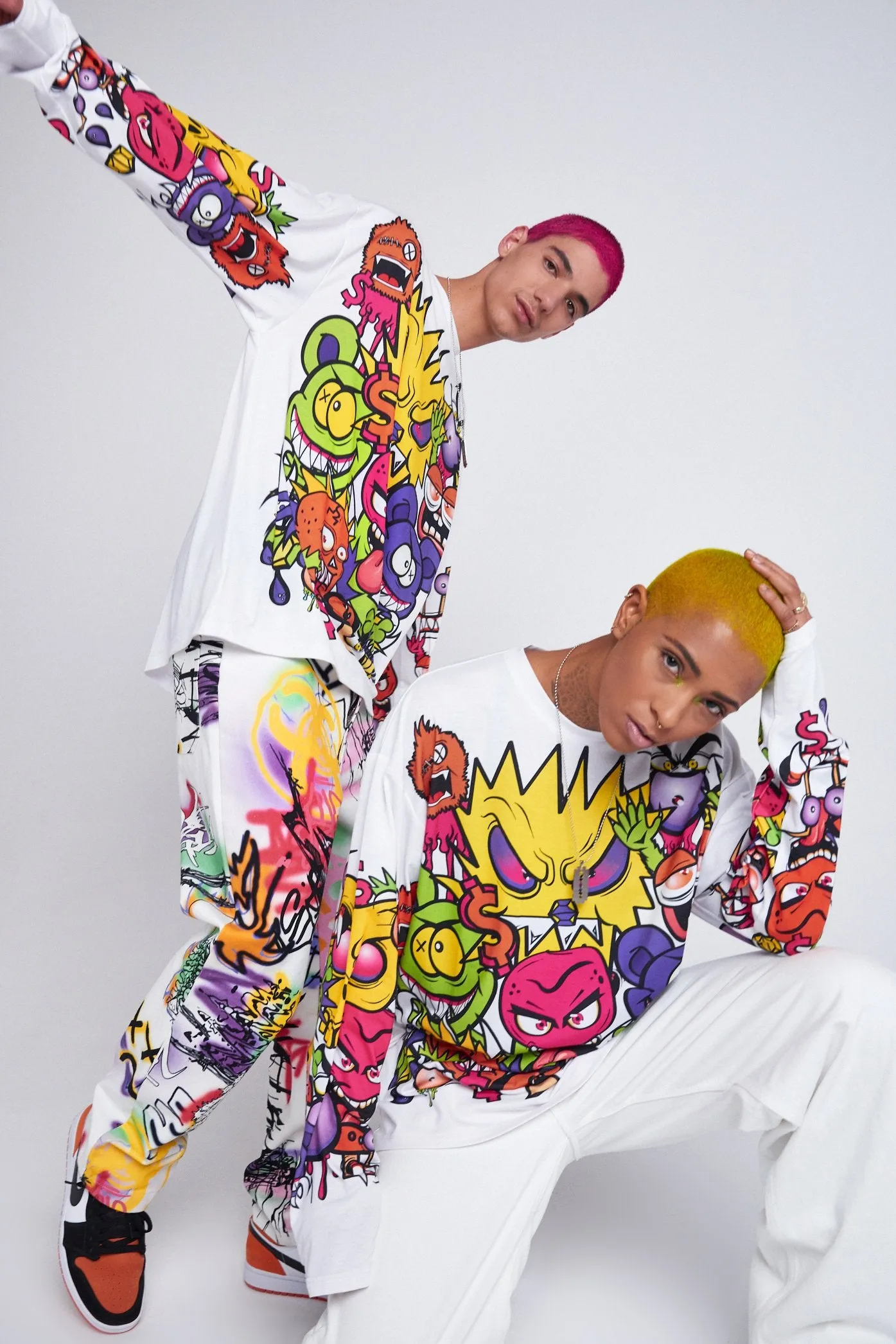 Parallel Cartoon Monsters Print Long Sleeve T-shirt