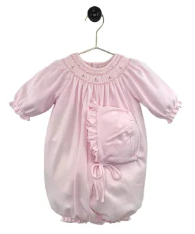 Petit Ami Baby Girls Pink Knit Smocked Convertible Gown to Romper & Bonnet in Newborn