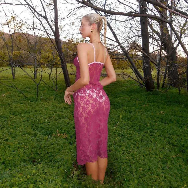 Pink Lace Sheer Cami Graceful Top And Midi Skirt Set