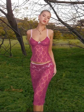 Pink Lace Sheer Cami Graceful Top And Midi Skirt Set
